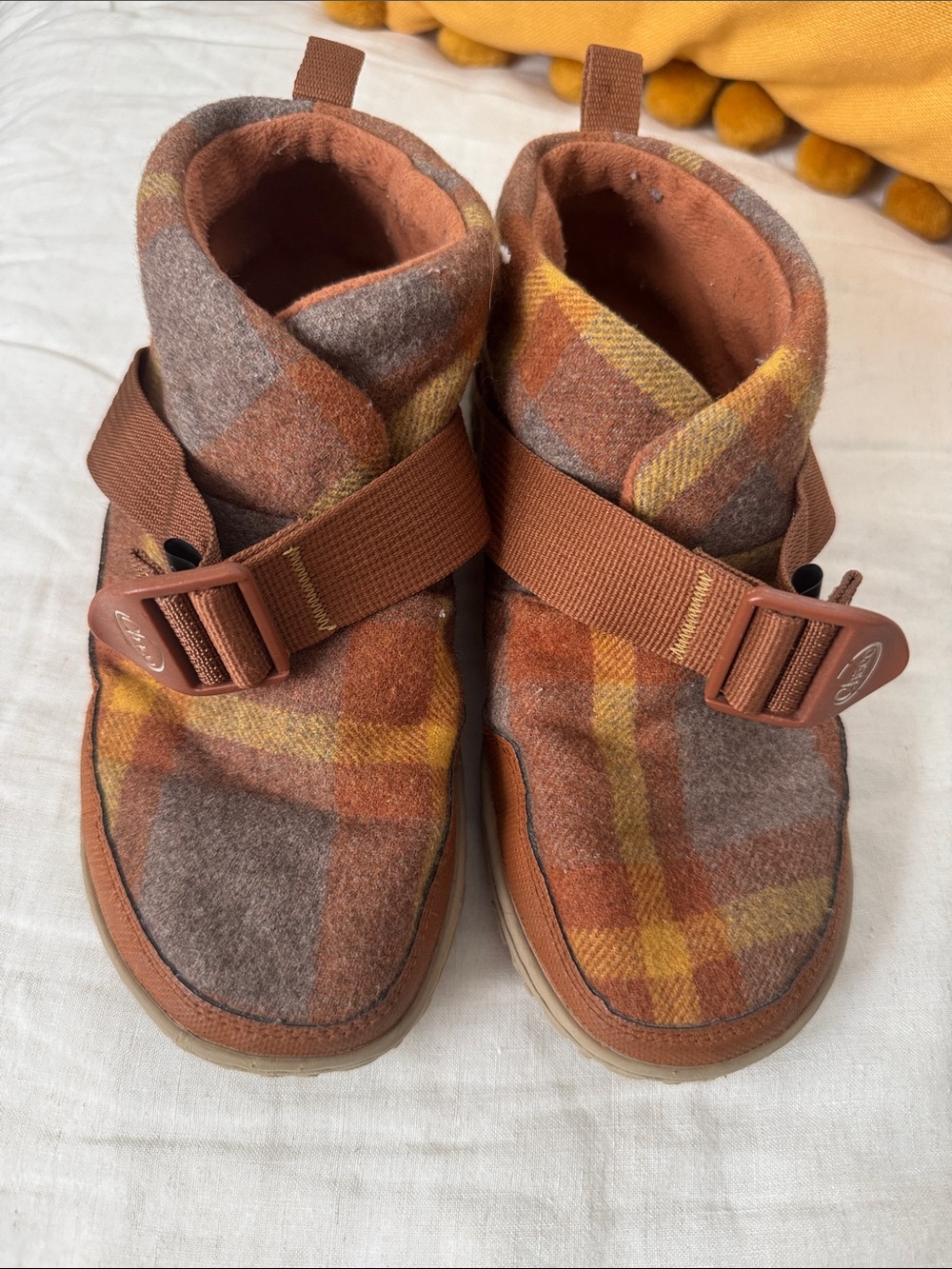 Chaco Plaid Slip-On Slippers in Brown, Orange & Yellow